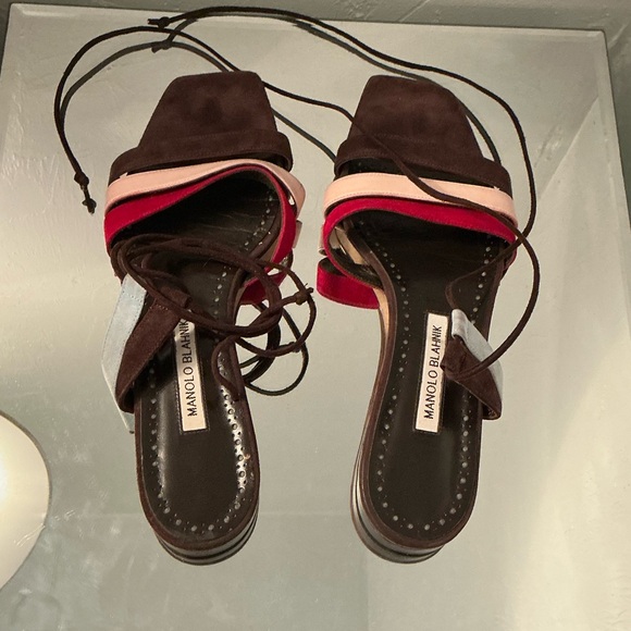 Manolo Blahnik VERY RARE Olientamu Sandals with a blue suede side and lace tie